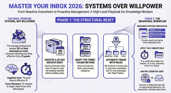 Infographic titled "Master Your Inbox 2026: Systems Over Willpower." It outlines a two-phase playbook for knowledge workers, moving from "The Structural Reset" (archiving and folder setup) to "The Behavioral Workflow" (batching and the 2-minute rule) to reduce the cognitive cost of email management.